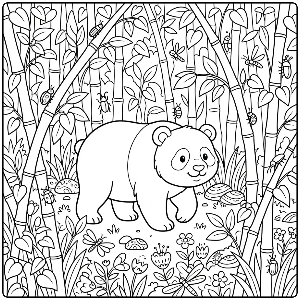 Gedetailleerde kleurplaat panda moeilijk in bamboebos.