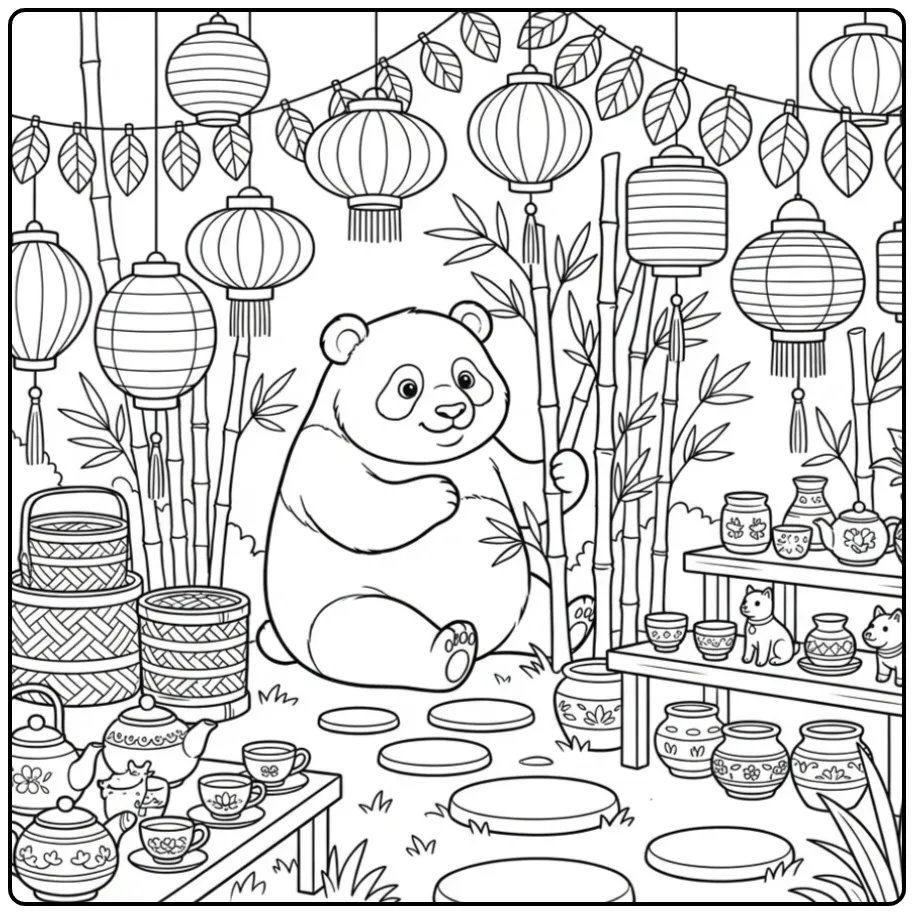 Kleurplaat panda moeilijk in een bamboetuin met lantaarns.