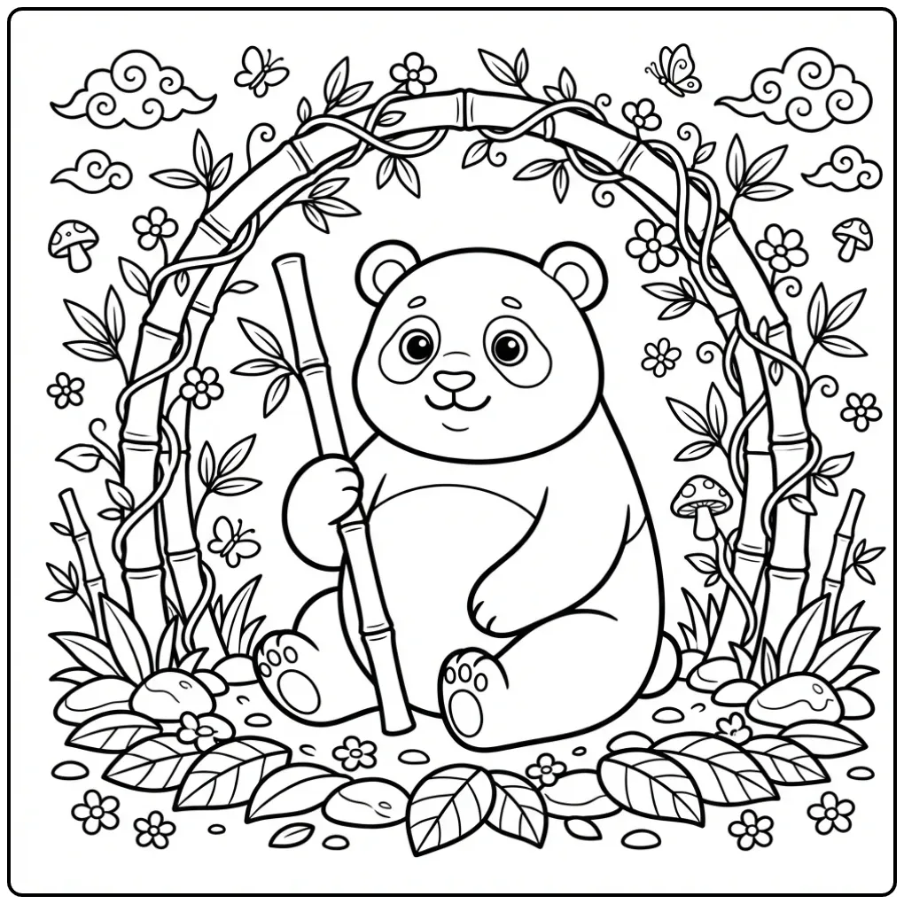 Een vrolijke kleurplaat panda onder een bamboeboog.