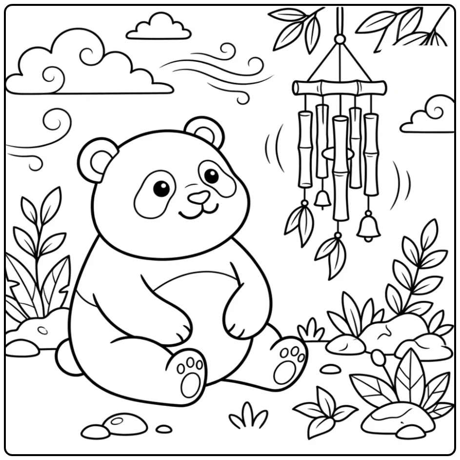 Een rustige kleurplaat panda bij een bamboe windgong.