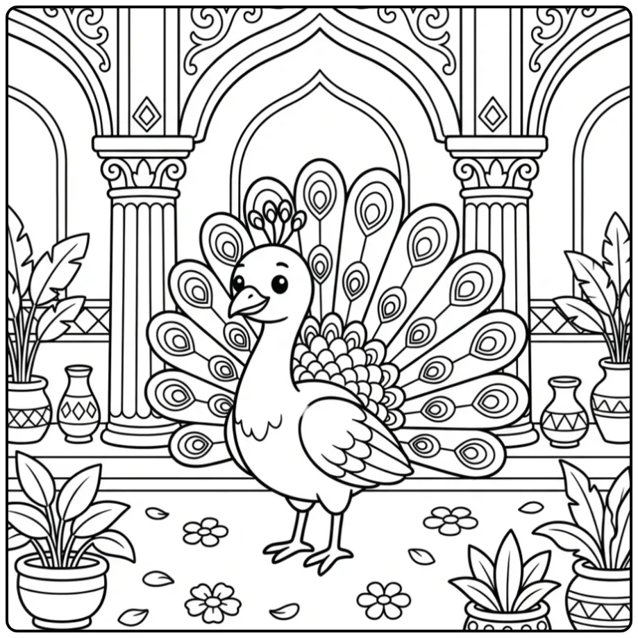 Schattige kleurplaat pauw in een paleistuin met bloemen.