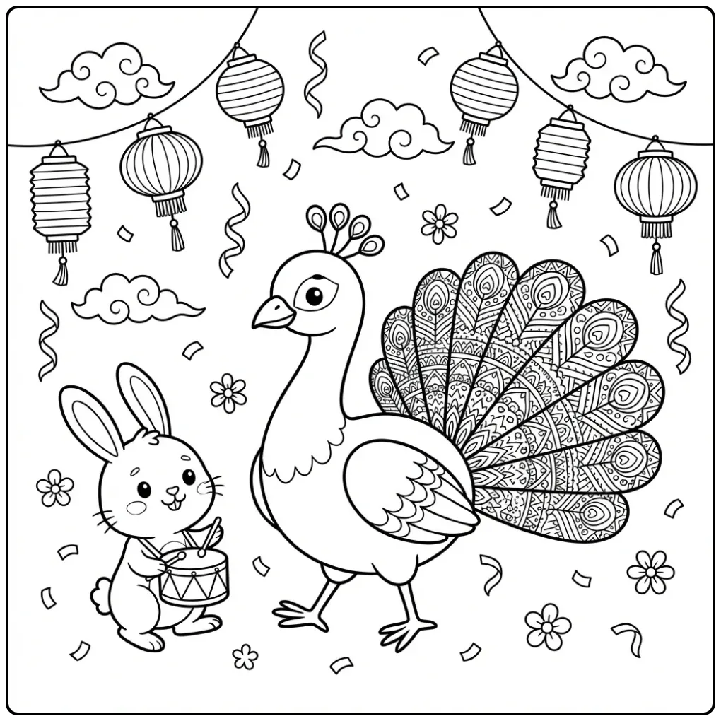 Feestelijke kleurplaat pauw moeilijk met veel details.