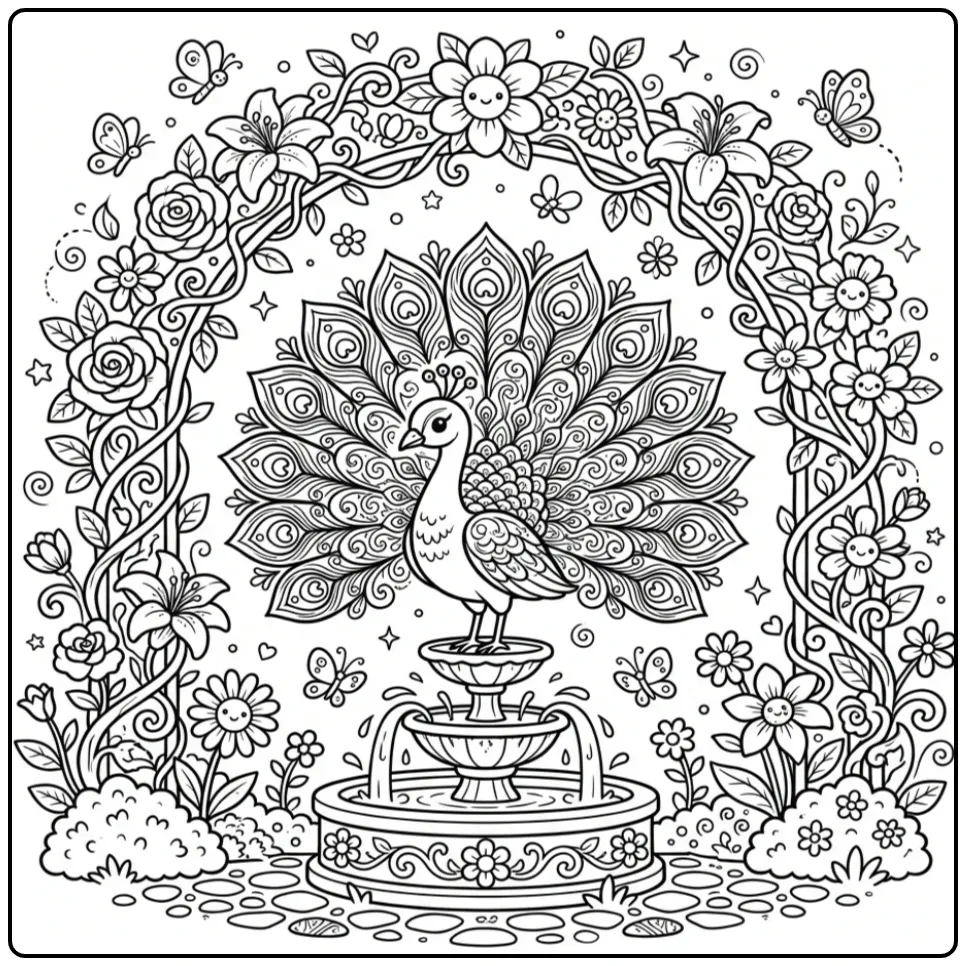 Gedetailleerde kleurplaat pauw moeilijk onder een boog.