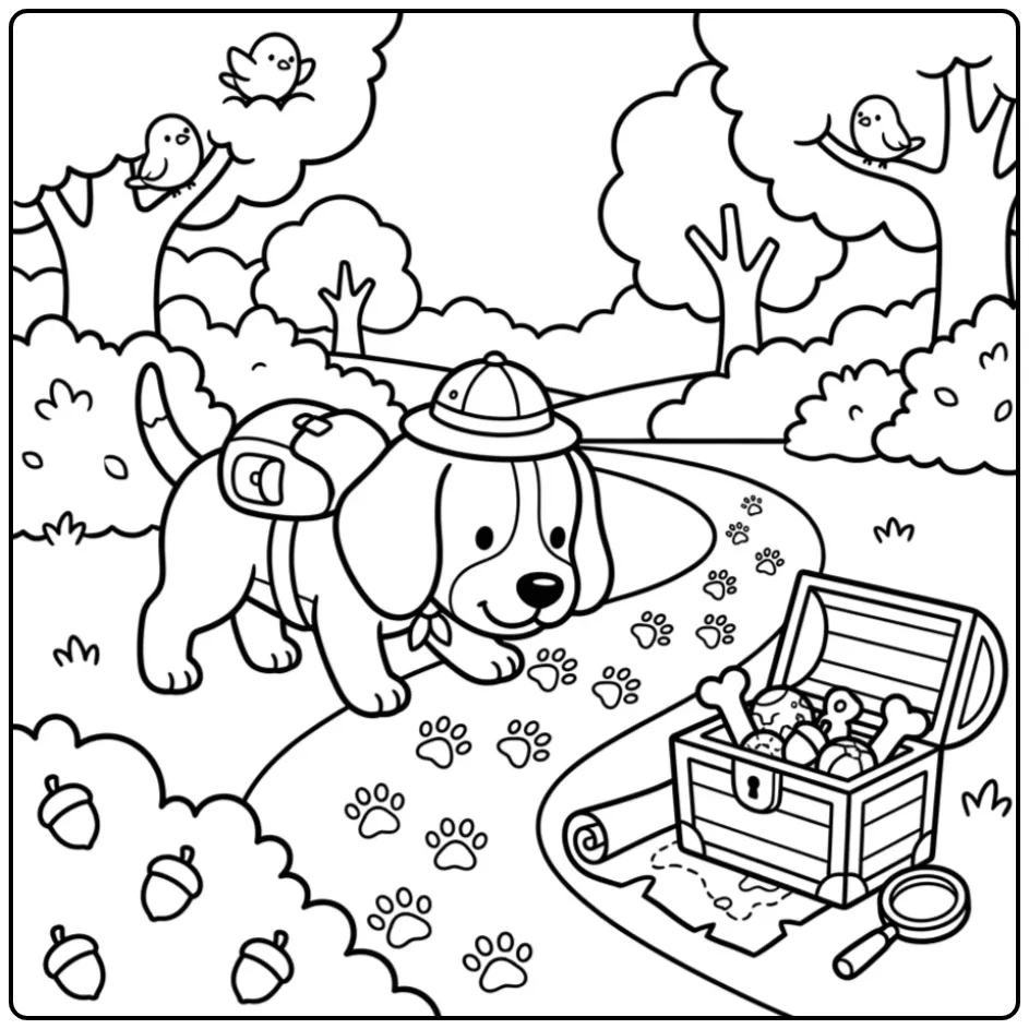 Schattige kleurplaat puppy Beagle op speurtocht in het park.