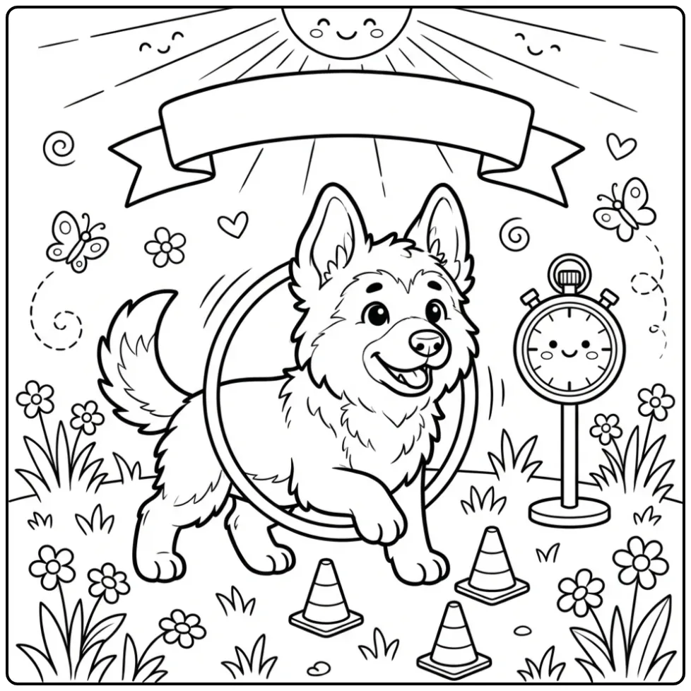 Duitse herder kleurplaat puppy bij een behendigheidsparcours.