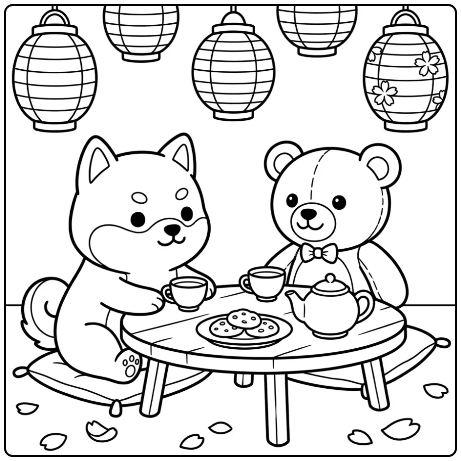 Schattige kleurplaat puppy Shiba Inu met theekransje en beer