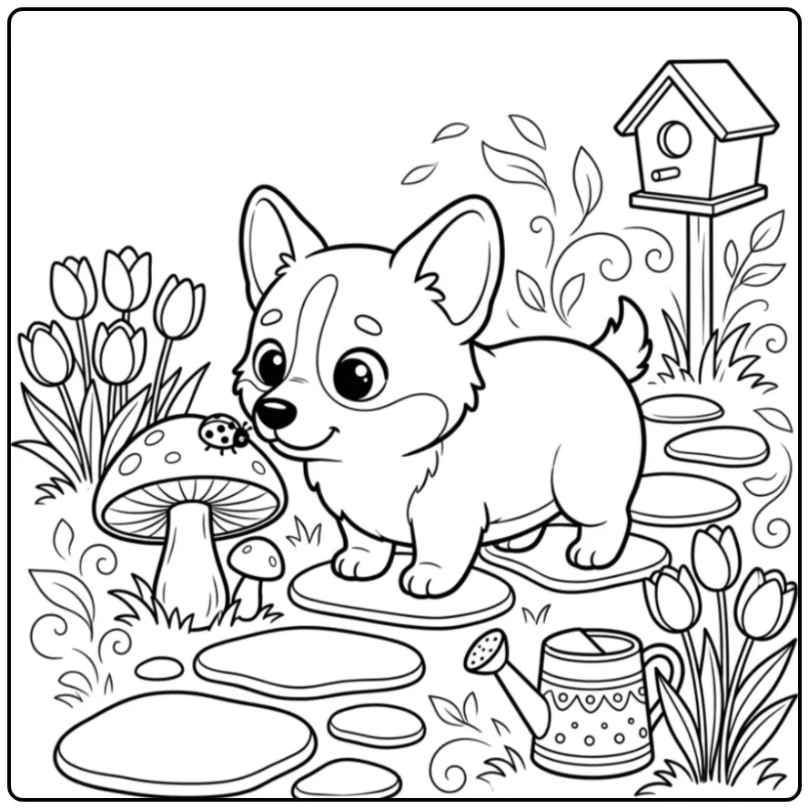 Schattige Corgi kleurplaat puppy in een tuin met tulpen.