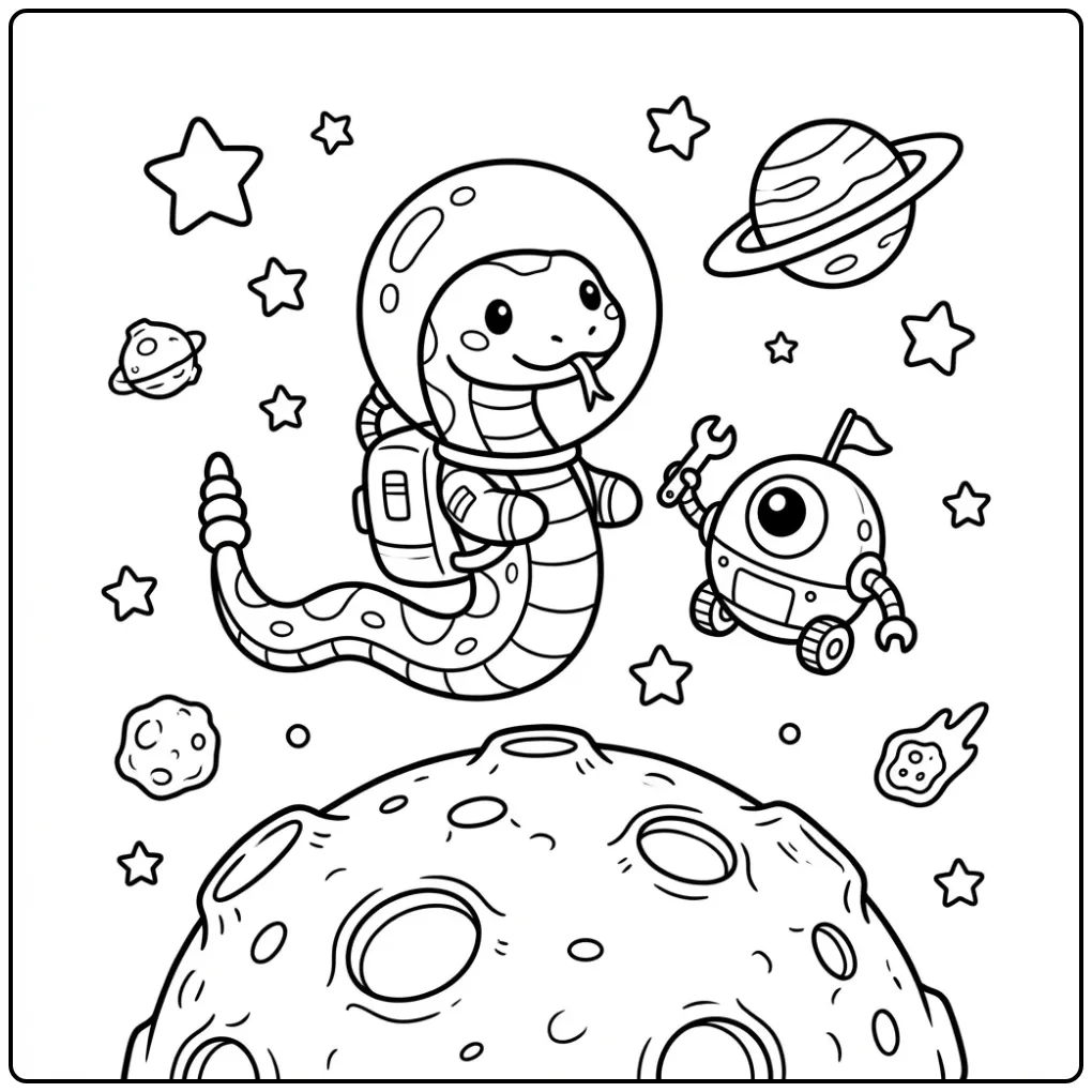 Ruimte avontuur kleurplaat ratelslang als astronaut.