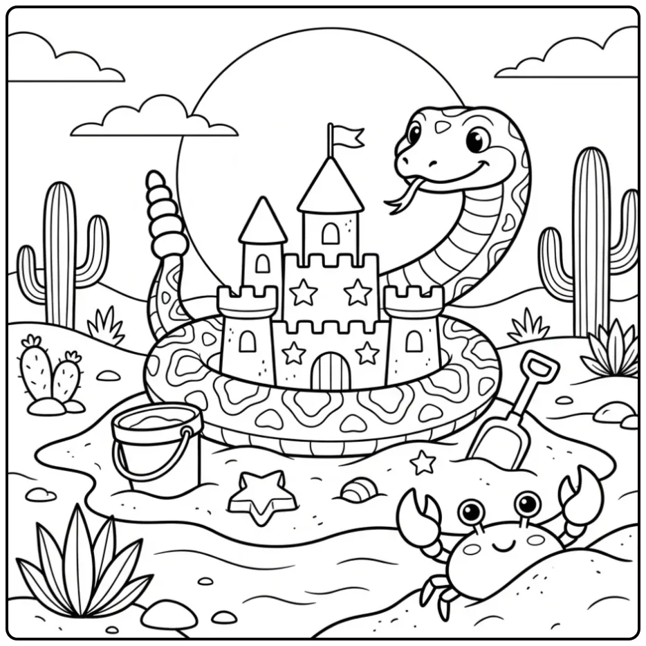 Leuke kleurplaat ratelslang bewaakt een mooi zandkasteel.