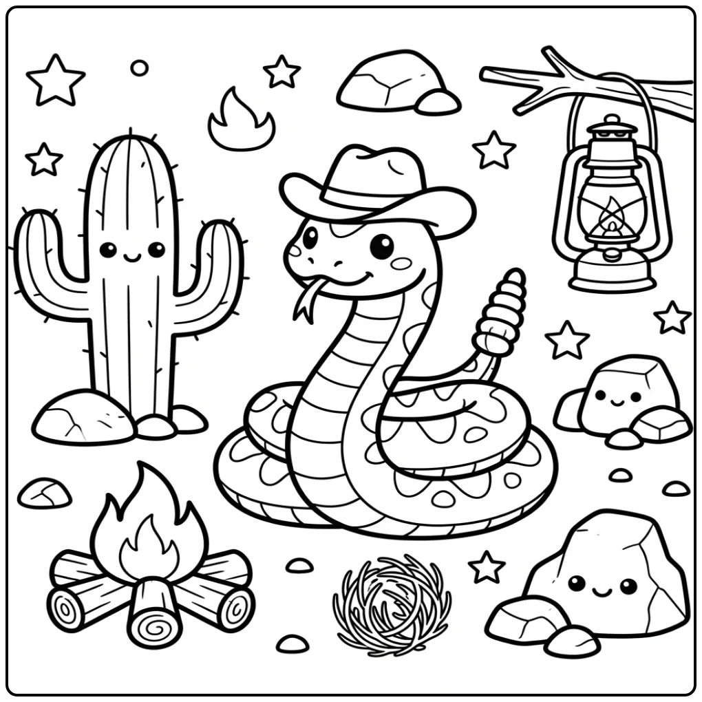 Schattige kleurplaat ratelslang met een kleine cowboyhoed.