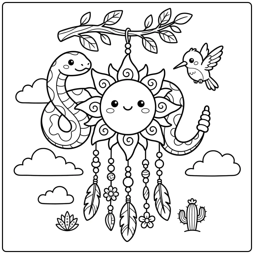 Schattige kleurplaat ratelslang bij een zonnewindgong.