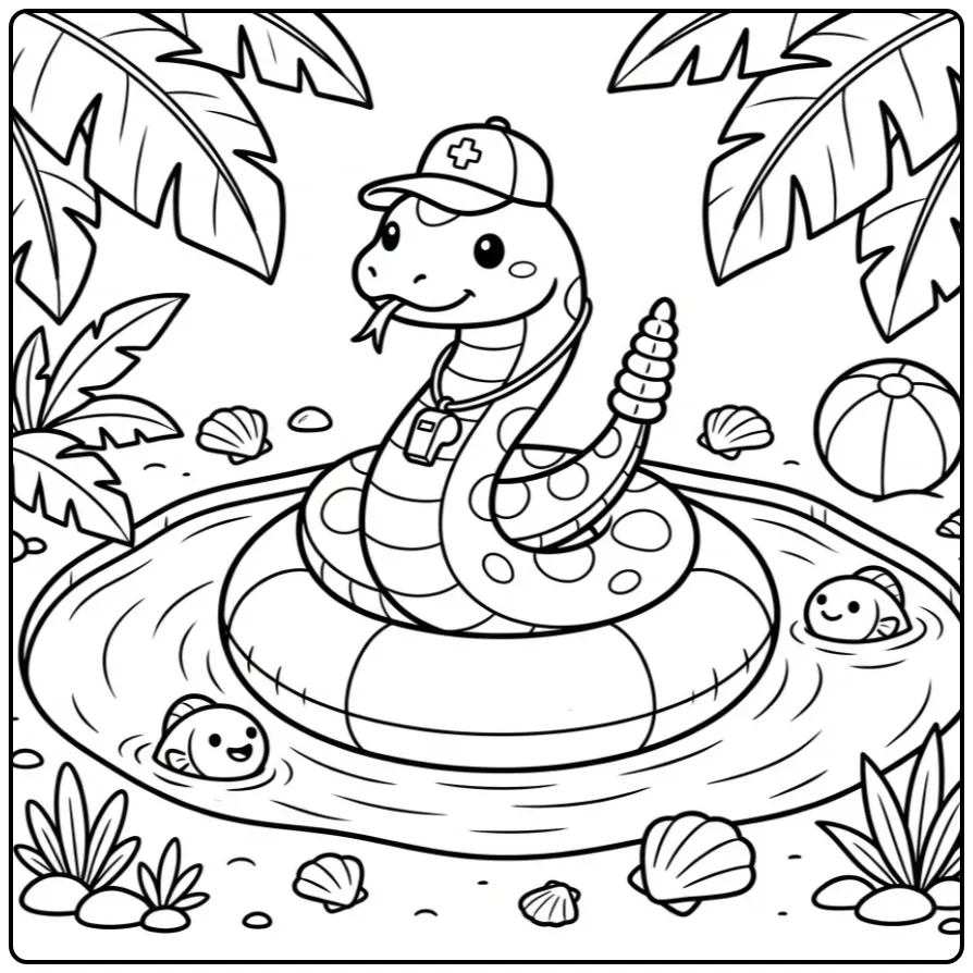 Een schattige kleurplaat ratelslang als badmeester bij een oase.