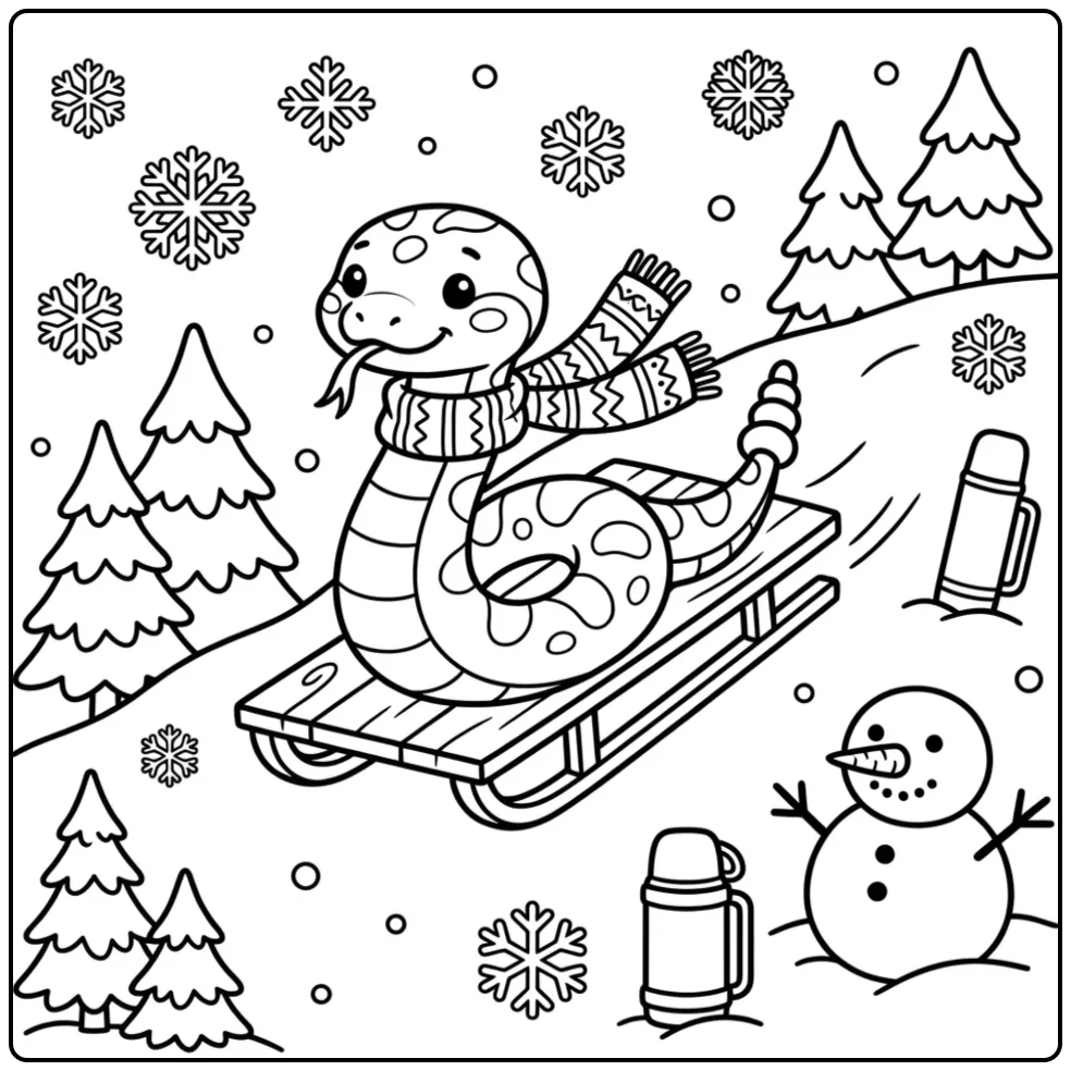 Winters tafereel met een schattige kleurplaat ratelslang