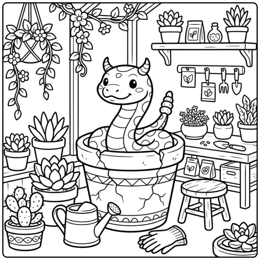 Schattige kleurplaat ratelslang in een gebarsten bloempot.