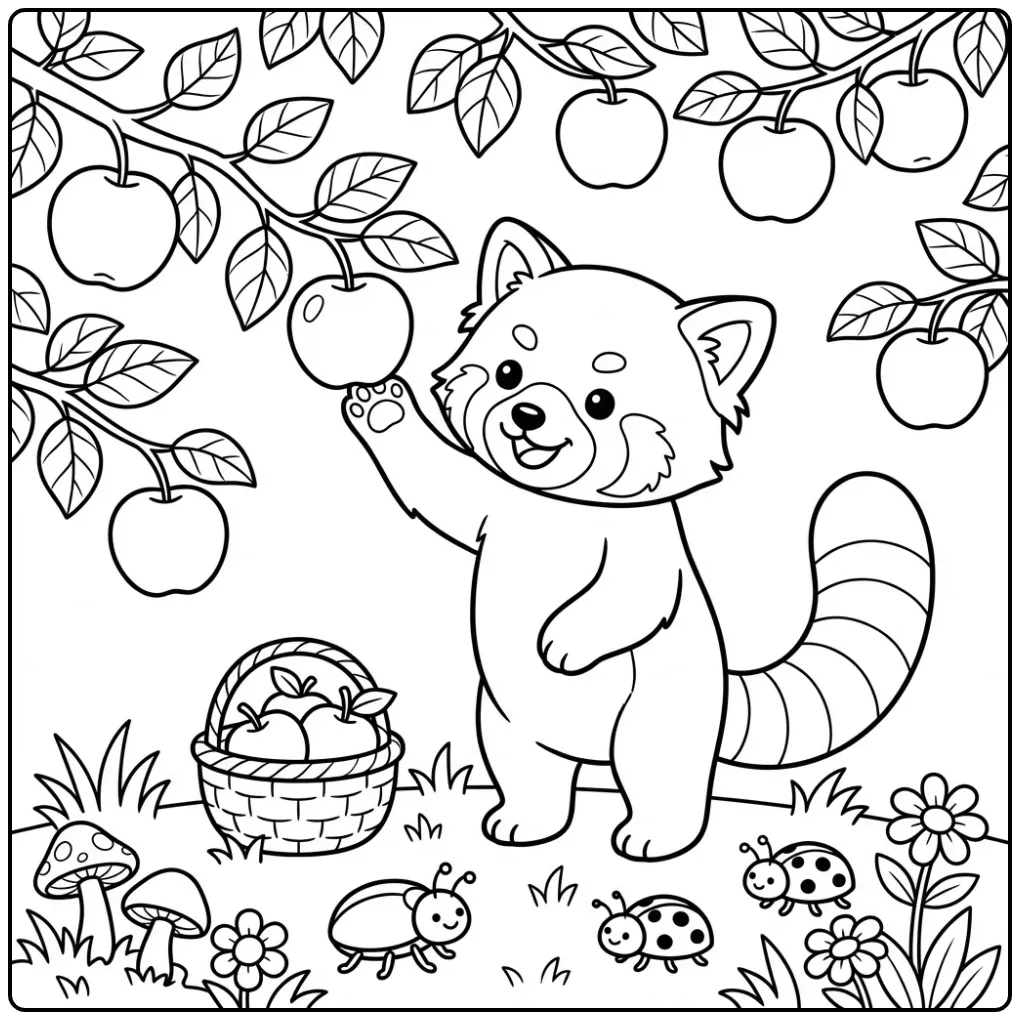 Leuke kleurplaat rode panda die een appel plukt uit de boom.