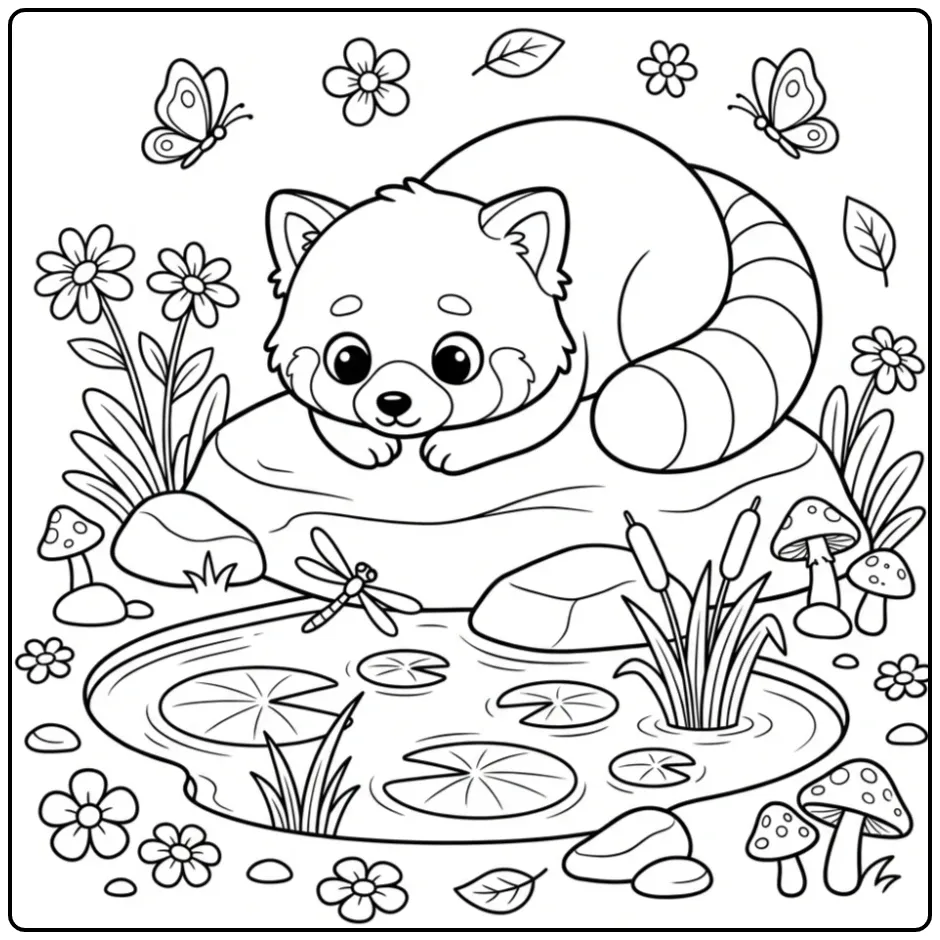 Schattige kleurplaat rode panda liggend op een rots bij water.