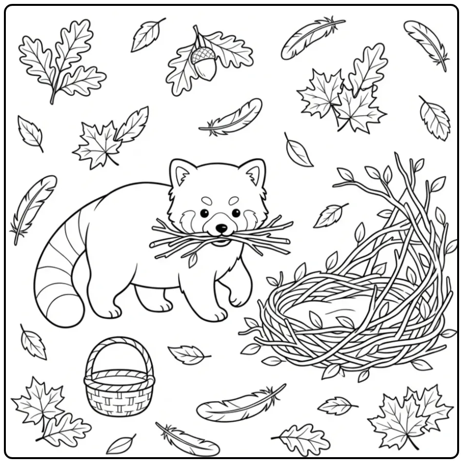 Leuke kleurplaat rode panda met takjes en mandje.