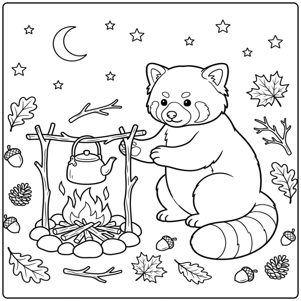 Schattige kleurplaat rode panda bij een kampvuur met sterren