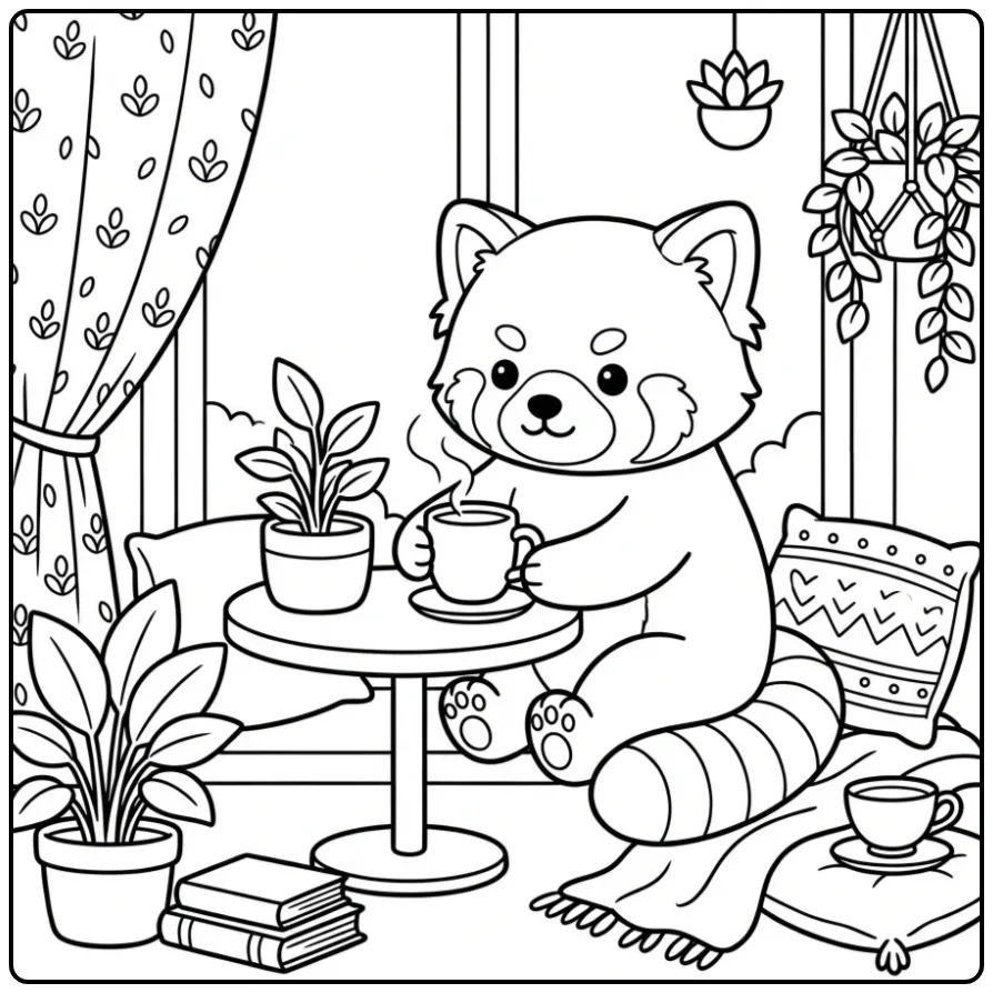 Een schattige kleurplaat rode panda met thee bij het raam.