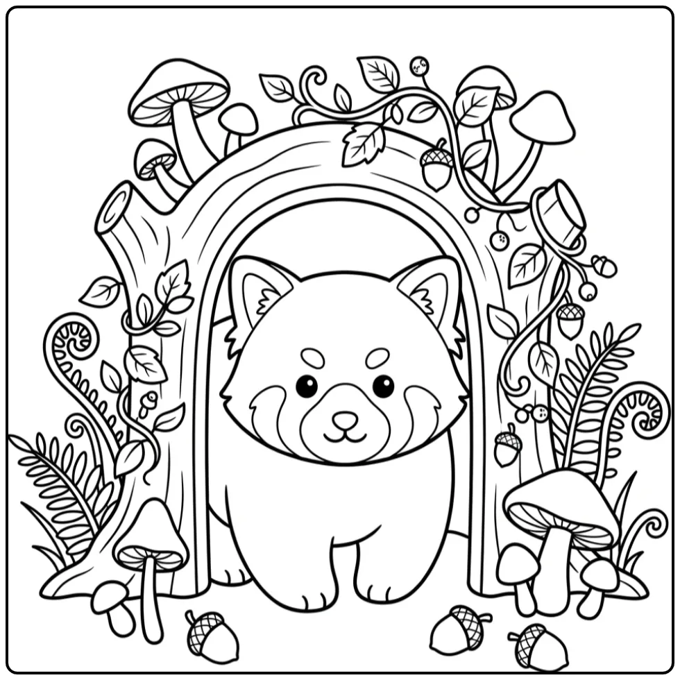 Schattige kleurplaat rode panda in een holle boomstam.