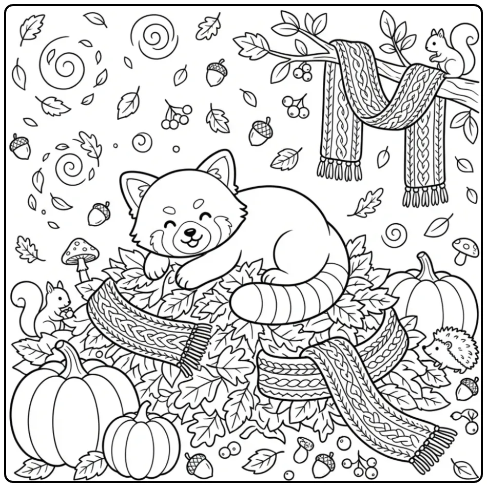 Schattige kleurplaat rode panda in herfstbladeren.