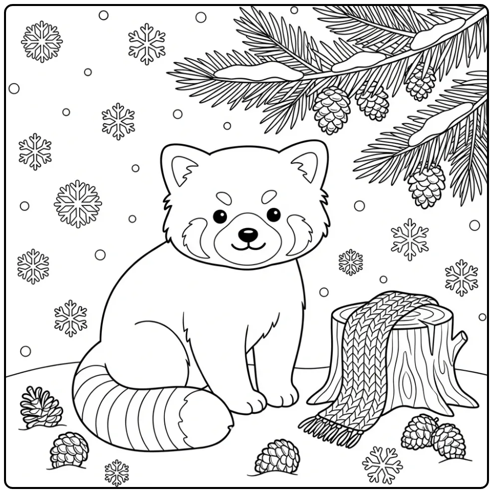 Winterse kleurplaat rode panda onder een dennentak.