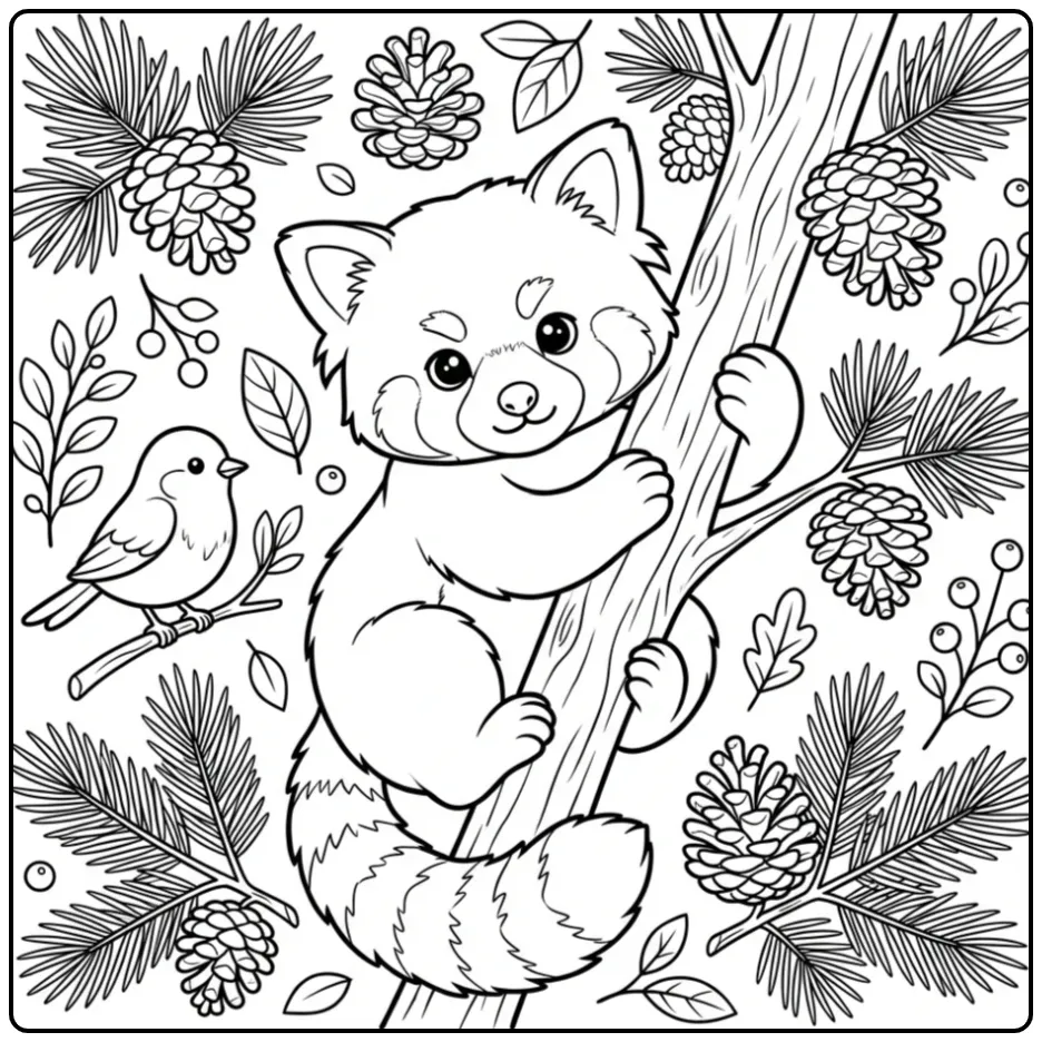 Een schattige kleurplaat rode panda die in een boom klimt.