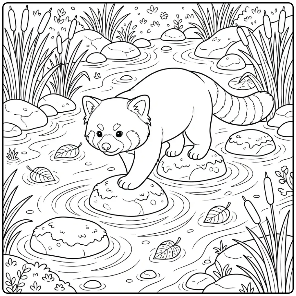 Kleurplaat rode panda die over stenen in een beekje stapt.