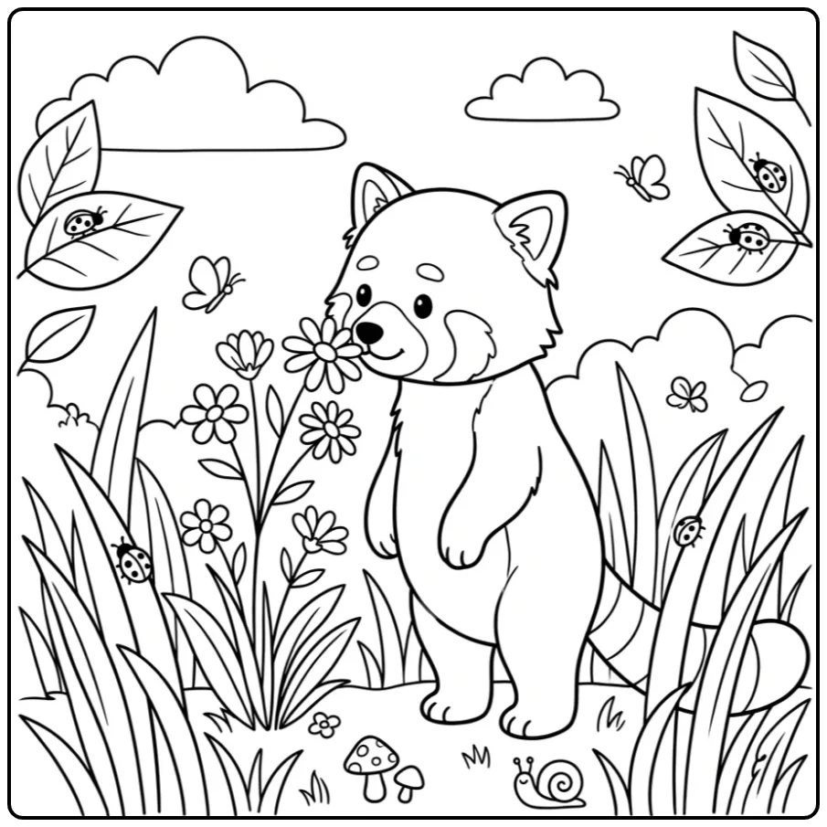 Vrolijke kleurplaat rode panda tussen bloemen en kevers.