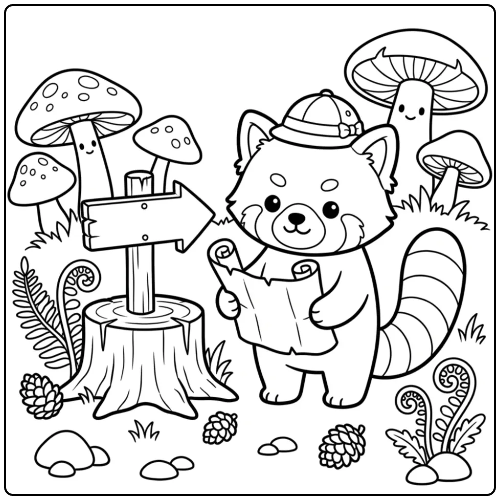 Avontuurlijke kleurplaat rode panda schattig met een kaart.