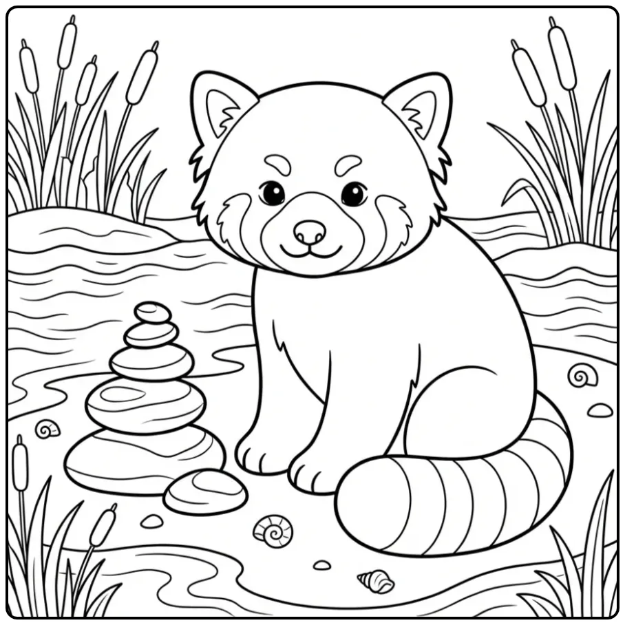 Schattige kleurplaat rode panda bij rivierstenen en riet.