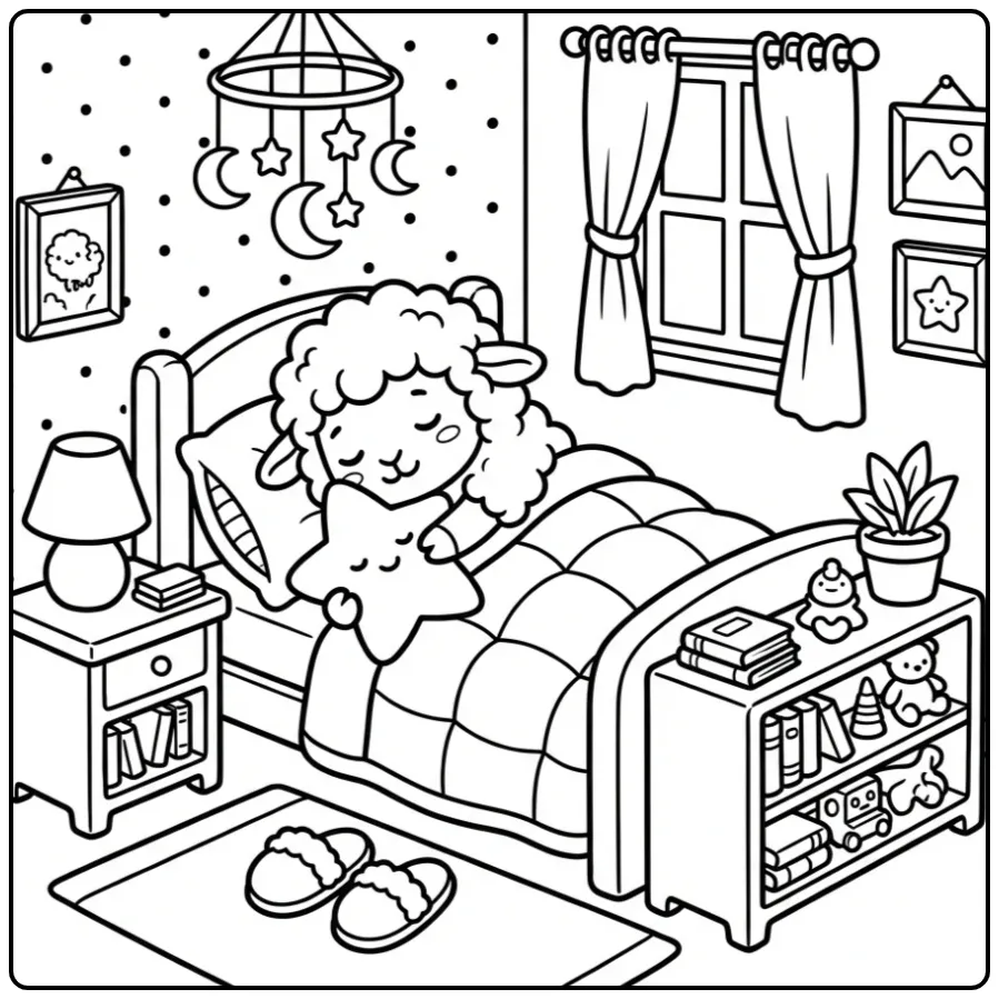 Schattige kleurplaat schaap slaapt met een sterkussen.