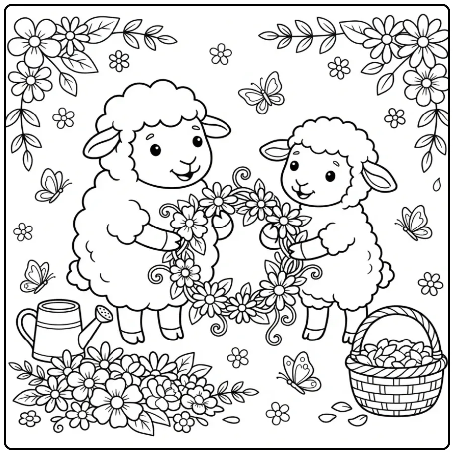 Schattige kleurplaat schaap en lammetje maken samen een krans.