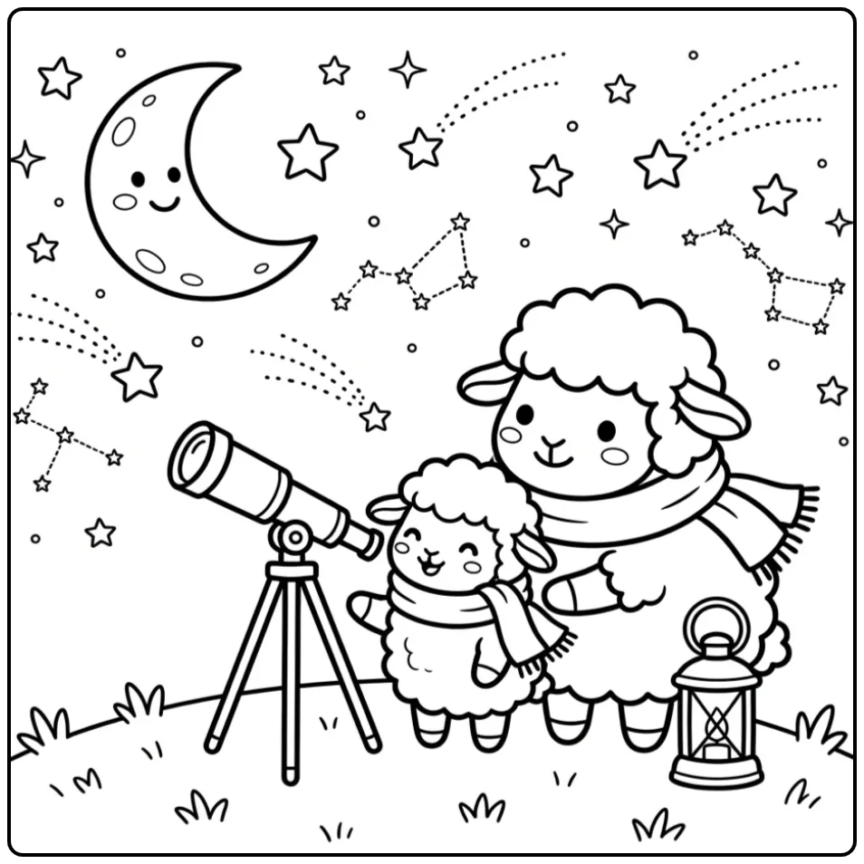 Schattige kleurplaat schaap en lammetje bij een telescoop.