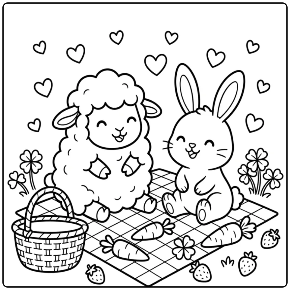 Schattige kleurplaat schaap en konijn tijdens een picknick.