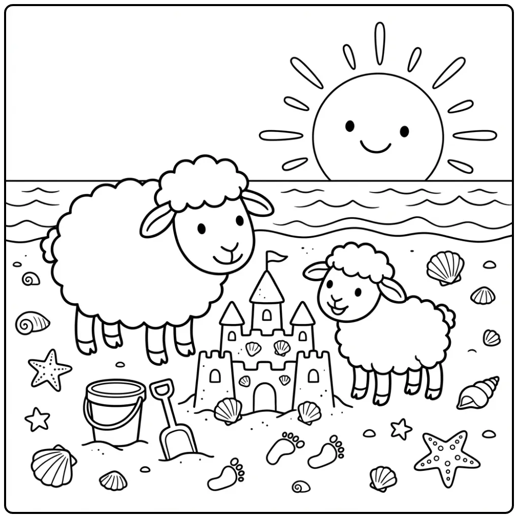 Leuke kleurplaat schaap en lammetje bouwen een zandkasteel.
