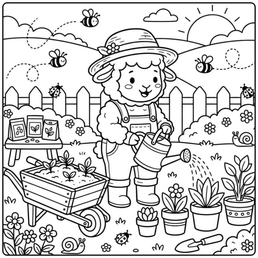 Een vrolijke kleurplaat schaap als tuinman met plantjes.