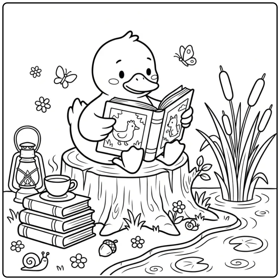 Een kleurplaat schattig eendje op een boomstronk met boeken.