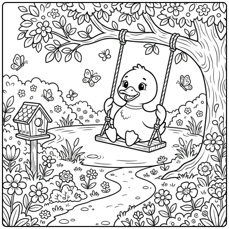 Een kleurplaat schattig eendje dat vrolijk schommelt.