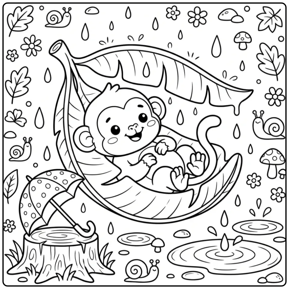 Kleurplaat schattige aap die schuilt onder een groot bananenblad.