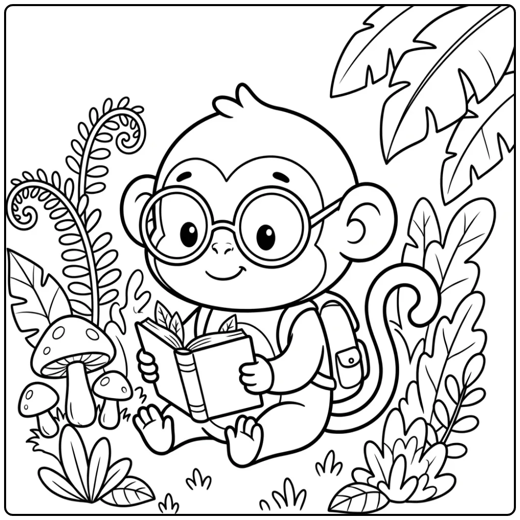 Kleurplaat schattige aap met bril en boek in de jungle.