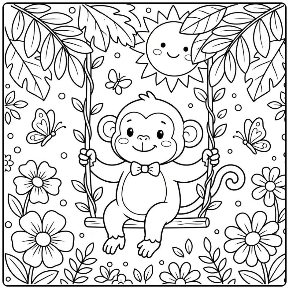 Kleurplaat schattige aap op een schommel met bloemen en zon.