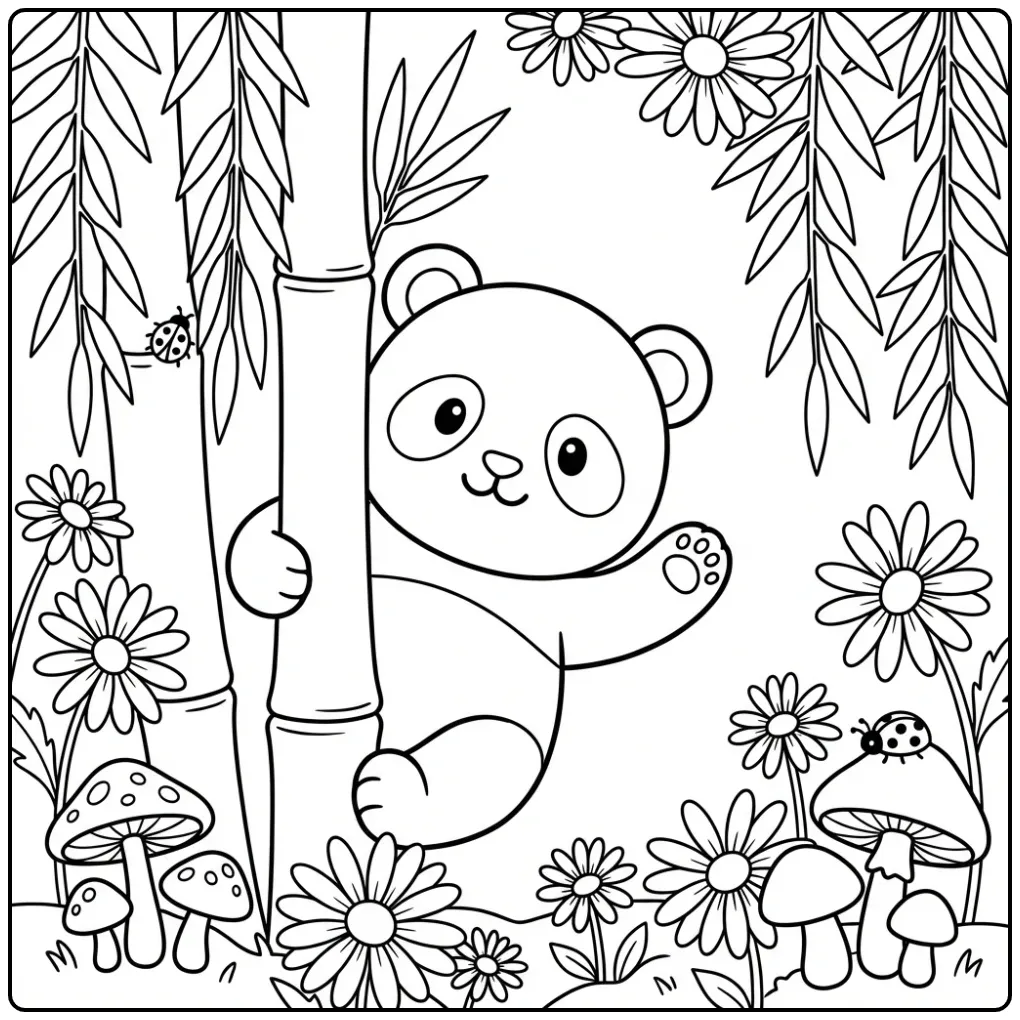 Kleurplaat schattige baby panda zwaait achter bamboe.