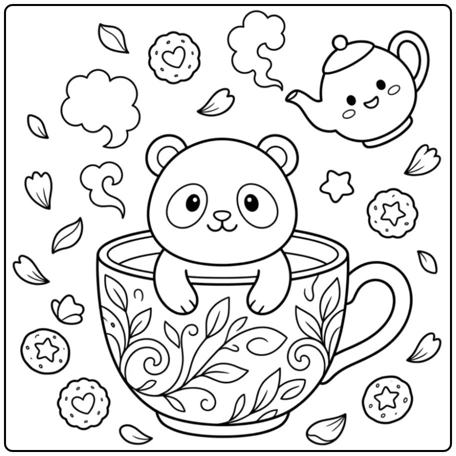 Kleurplaat schattige baby panda in een theekopje met koekjes
