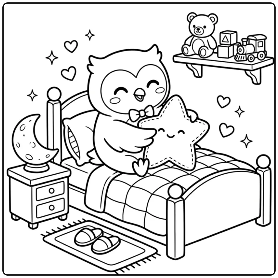 Een kleurplaat schattige uiltjes met een sterrenkussen.