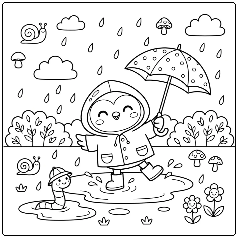 Leuke kleurplaat schattige uiltjes in regenjas met paraplu.