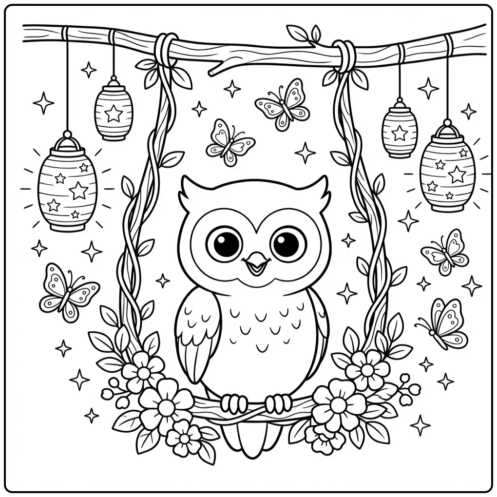 Vrolijke kleurplaat schattige uiltjes op een schommel.