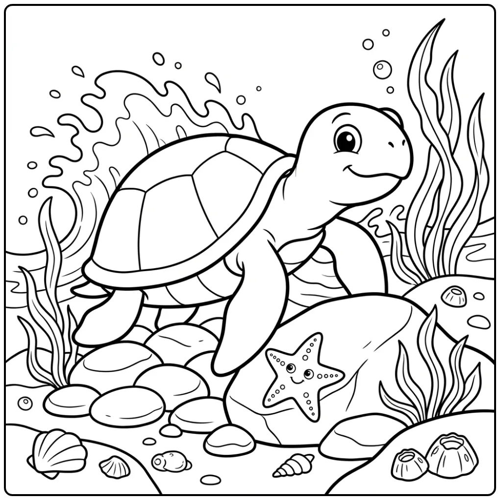 Schattige kleurplaat schildpad op een rotsachtig strand.