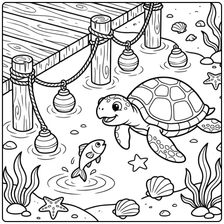 Een grote kleurplaat schildpad zwemt langs lantaarns.