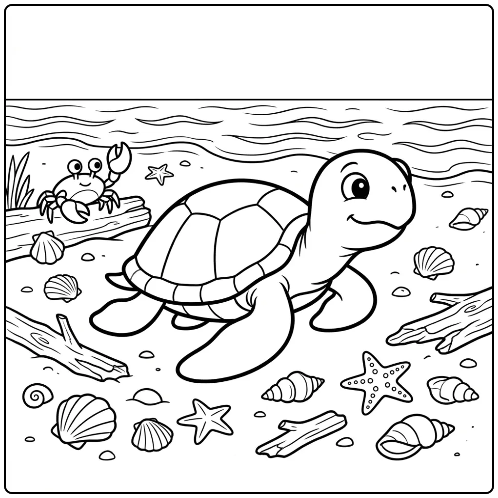 Leuke kleurplaat schildpad op het strand met een krabbetje